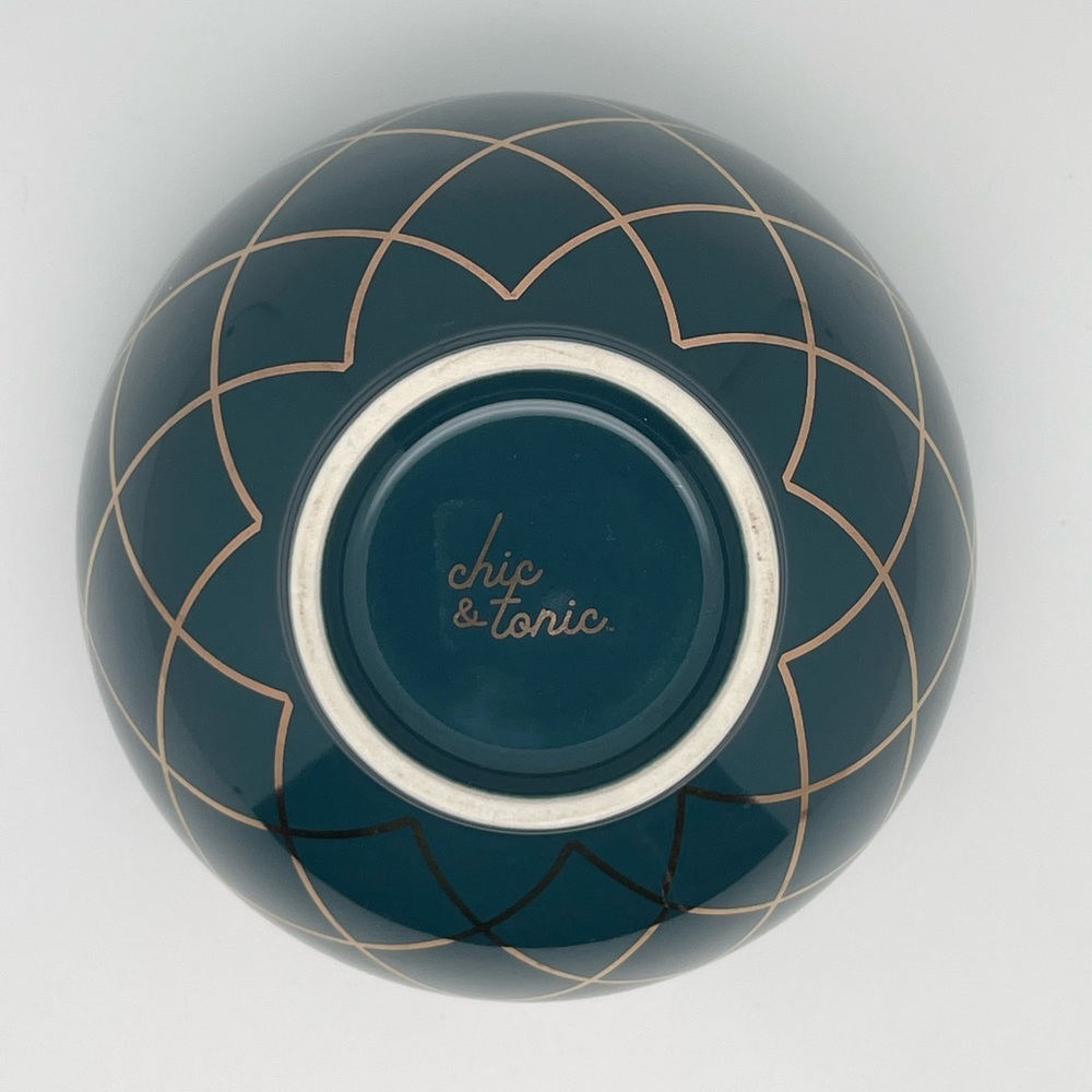 Ceramic Set of 3 Nesting Bowls, Design w/Gold Trim by Chic & Tonic Teal & Peachy - Picture 5 of 13